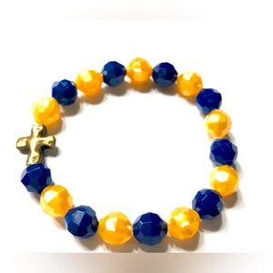 Handmade Cross Navy Blue & Gold Stretch Bracelet Women Religious Gift